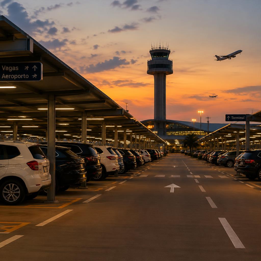 Vagas cobertas iluminadas à noite, com a torre do aeroporto ao fundo